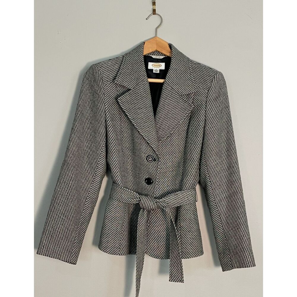 Talbots Petites 10P Black White Herringbone Belted Blazer Italian Fabric Japan
